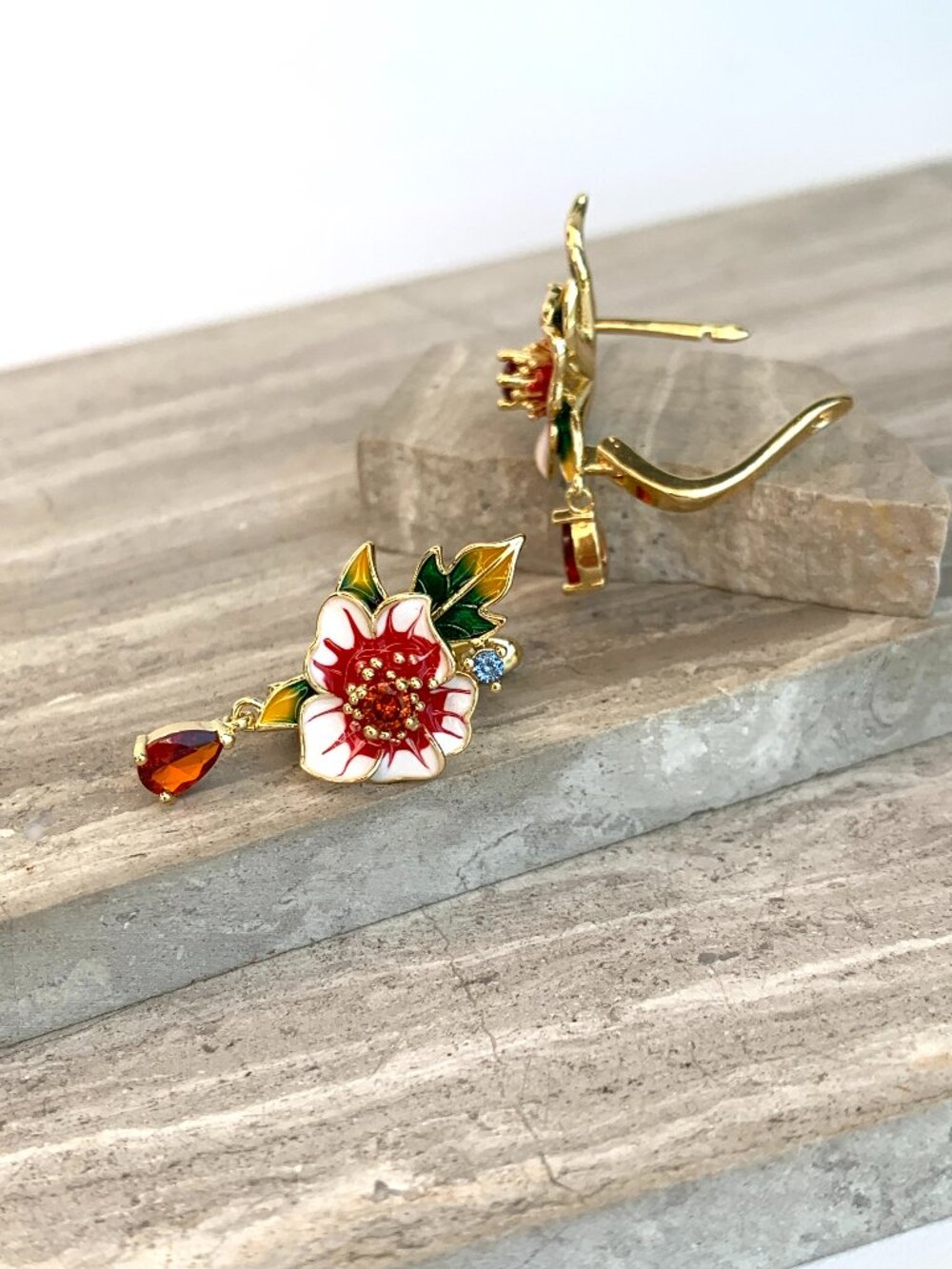 NEW ~ Anthropologie Enamel Flower Crystal Drop Lever Back Earrings - Picture 8 of 16